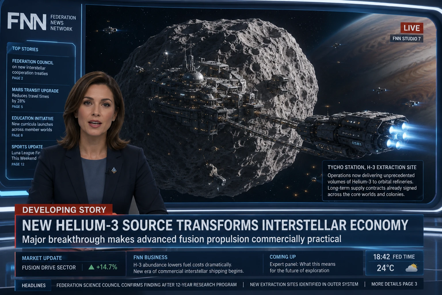 A Federation news broadcast reports a major Helium-3 supply breakthrough while a vast asteroid extraction complex and material-hauling ship fill the studio display.