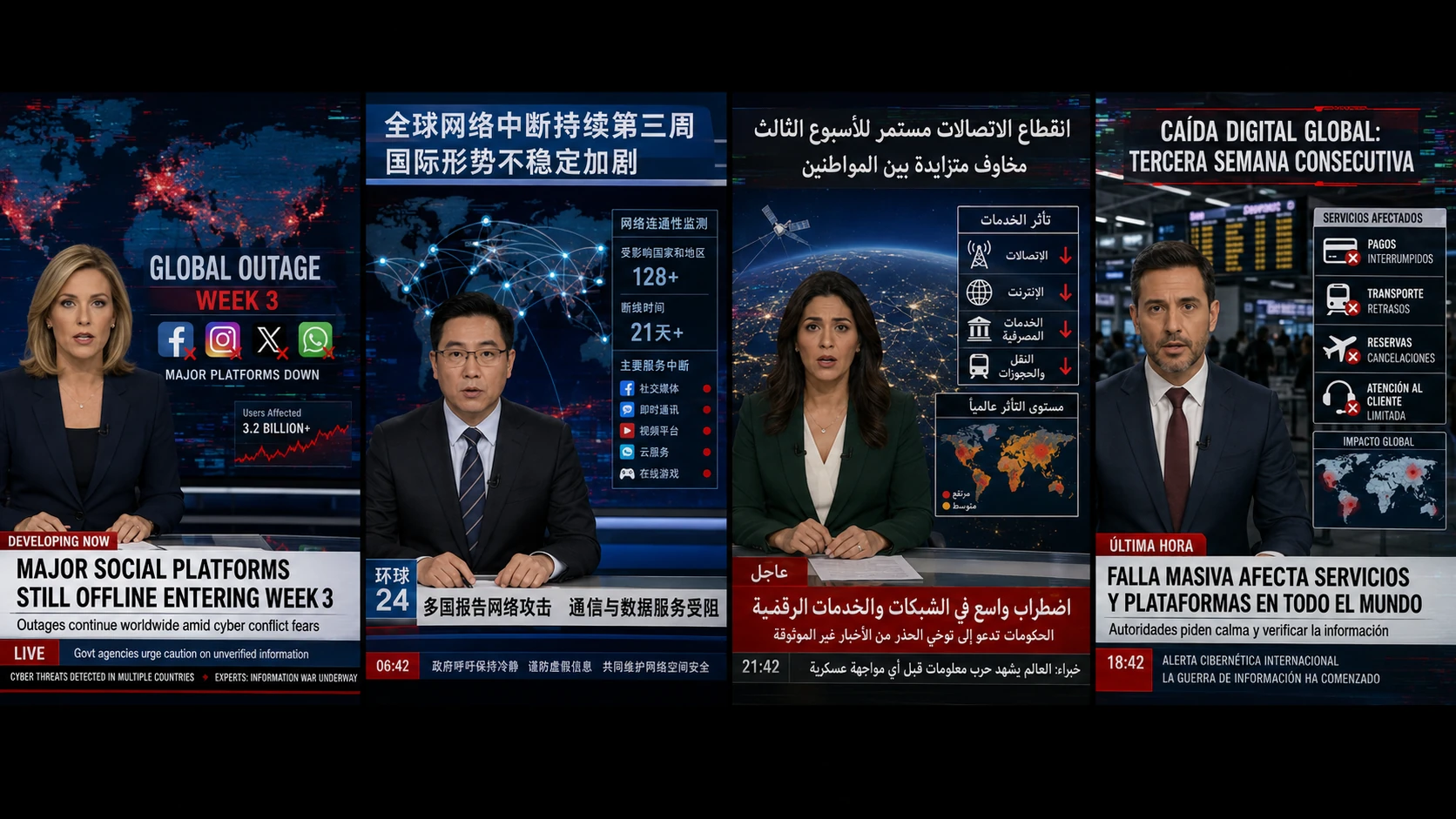 Four international television news broadcasts report a third week of worldwide social-platform and digital-service disruption as cyber-conflict fears spread.