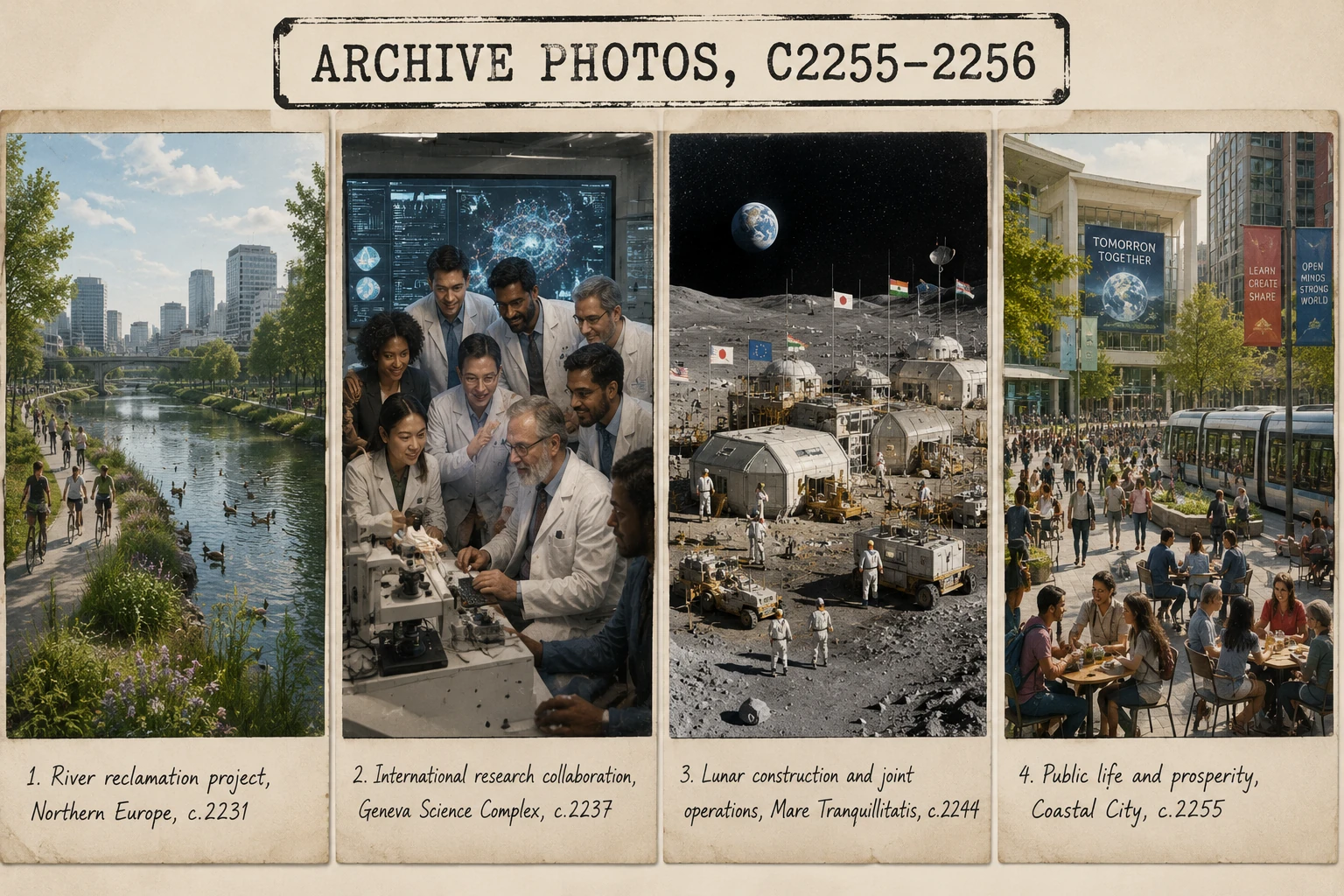 Archive photographs from the Good Decades show environmental restoration, international scientific cooperation, multinational lunar construction and prosperous public life.