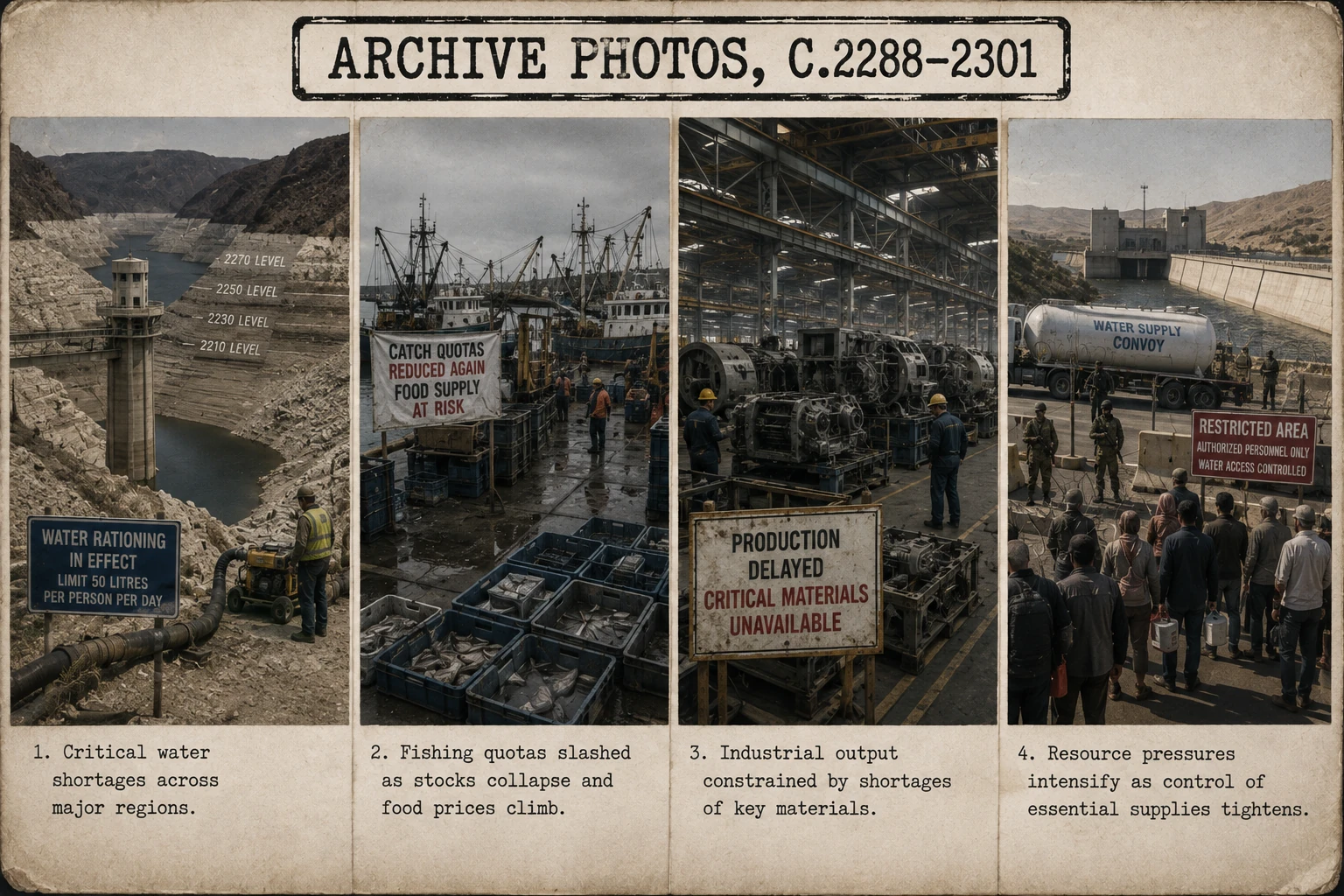 Archive photographs from the Resource Squeeze show depleted water reserves, reduced fishing catches, material-starved industry and increasingly controlled access to essential supplies.