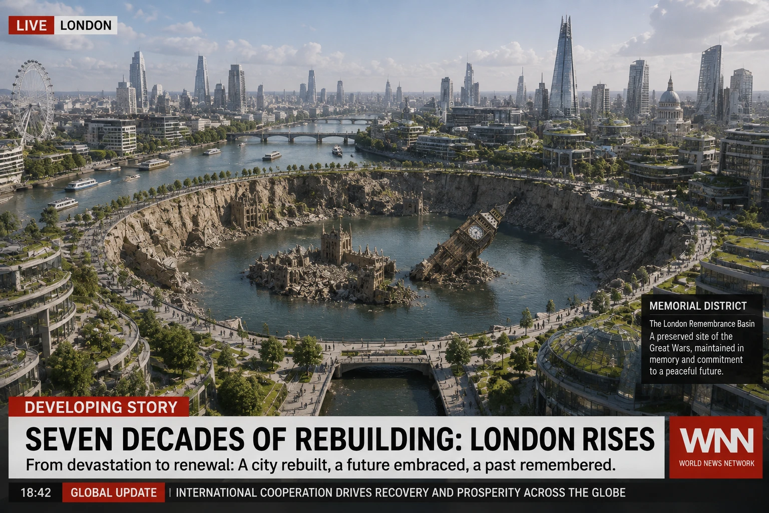 A rebuilt future London surrounds a preserved flooded war crater memorial containing the ruins of Parliament and the collapsed Elizabeth Tower.