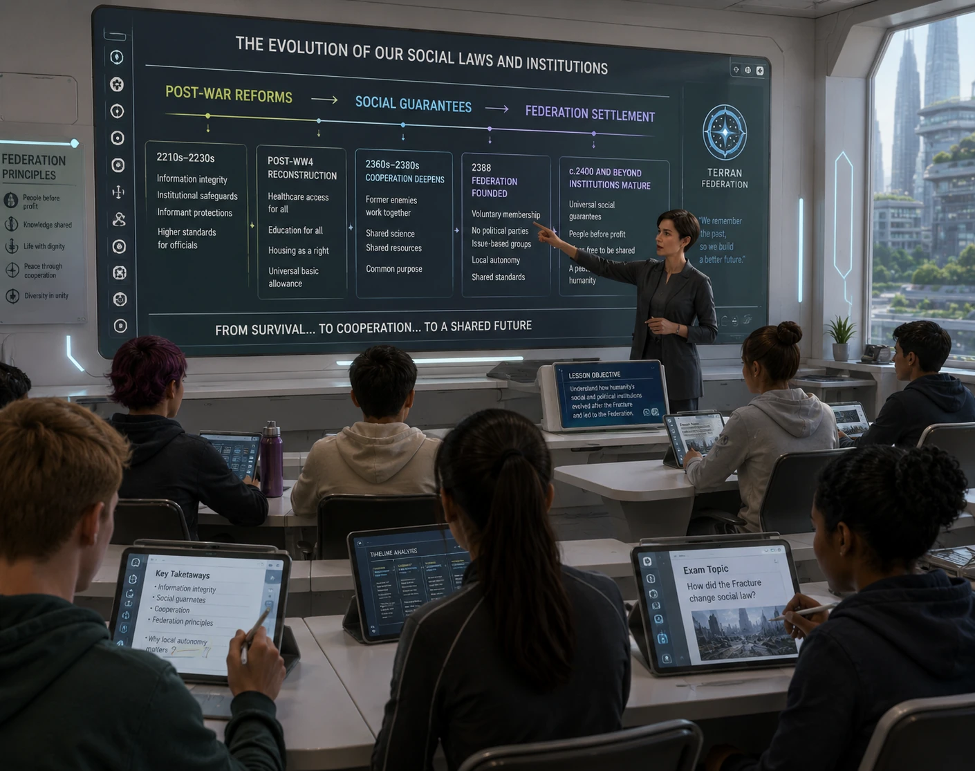 Federation-era students use digital pads during a social-studies lesson tracing the development of postwar reforms, social guarantees and mature Federation institutions.