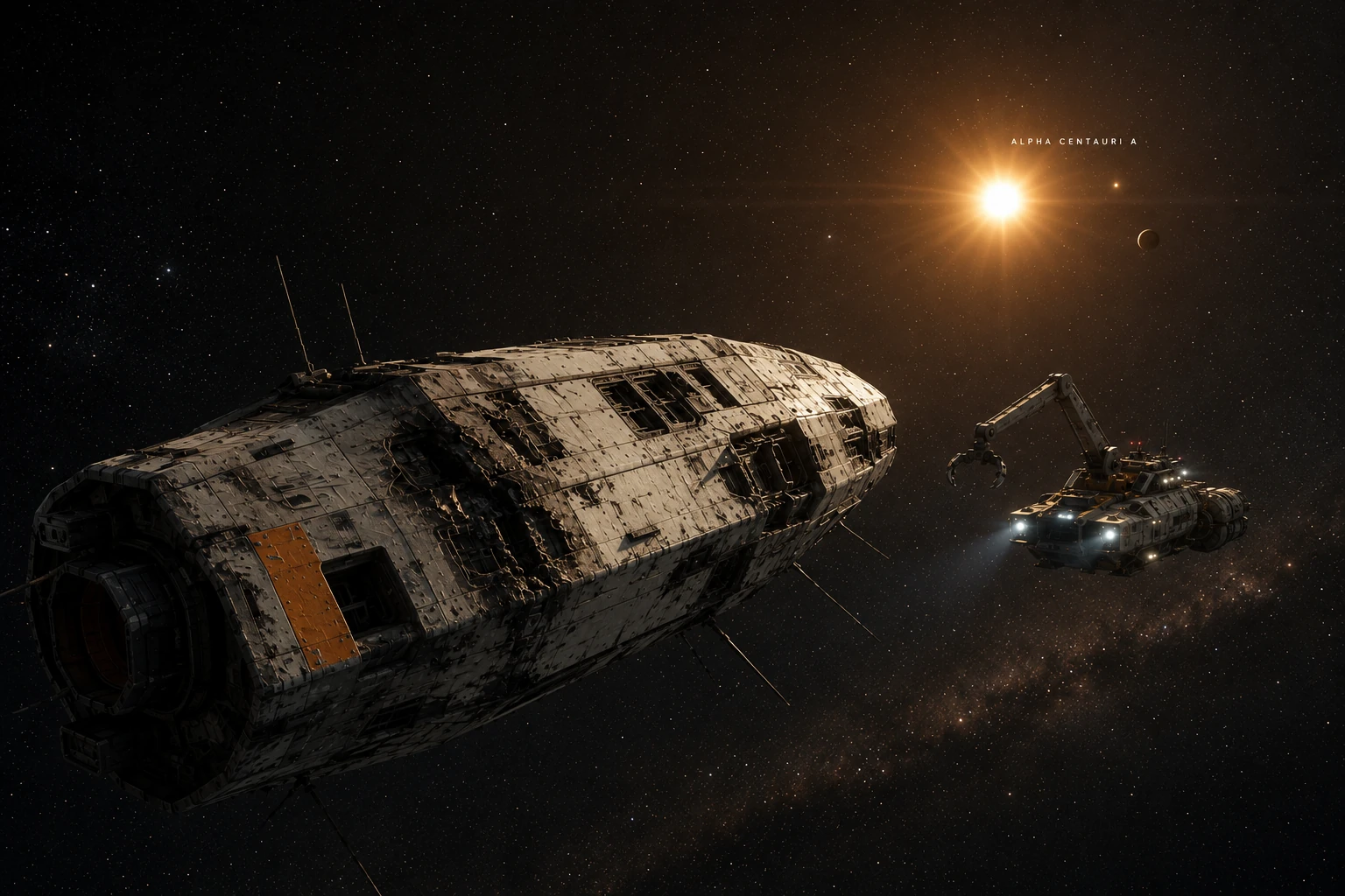 Damaged unmanned Star Magic test craft near Alpha Centauri A as a salvage vessel approaches for recovery.