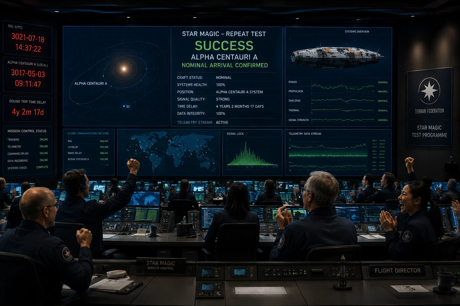 Star Magic mission control celebrates after independently confirming the deliberate repeat test arrived safely at Alpha Centauri.