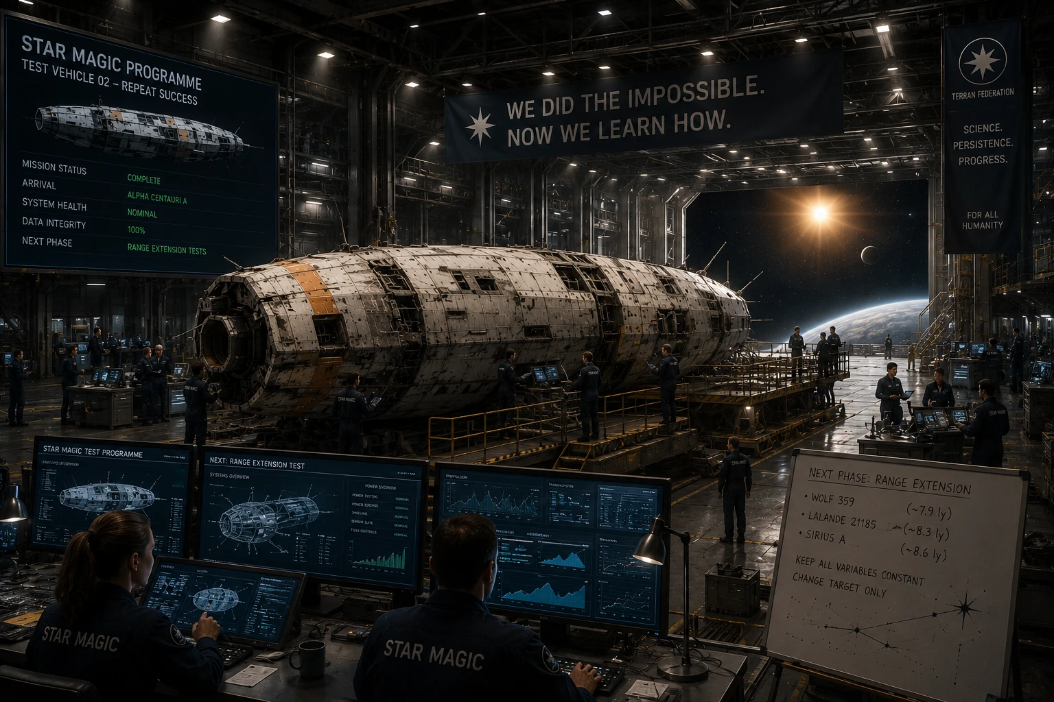 Engineers work around a Star Magic test craft in a Federation hangar as the programme moves from discovery into systematic engineering.