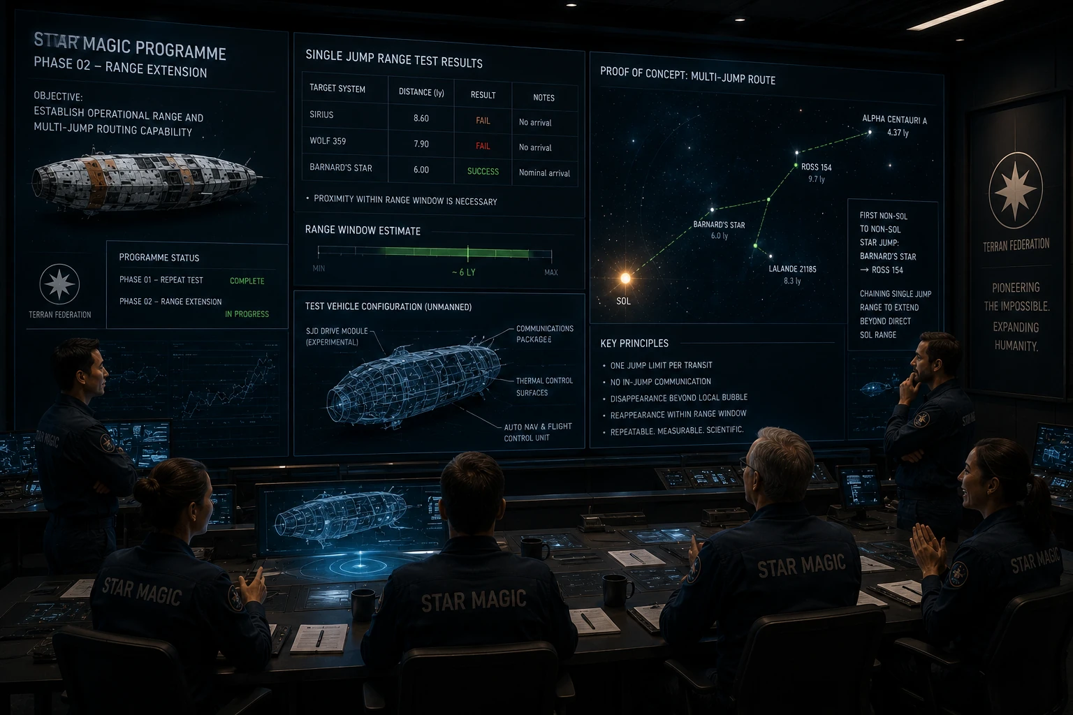 Star Magic programme team reviews range tests and multi-jump routing results as the technology becomes operationally understood.