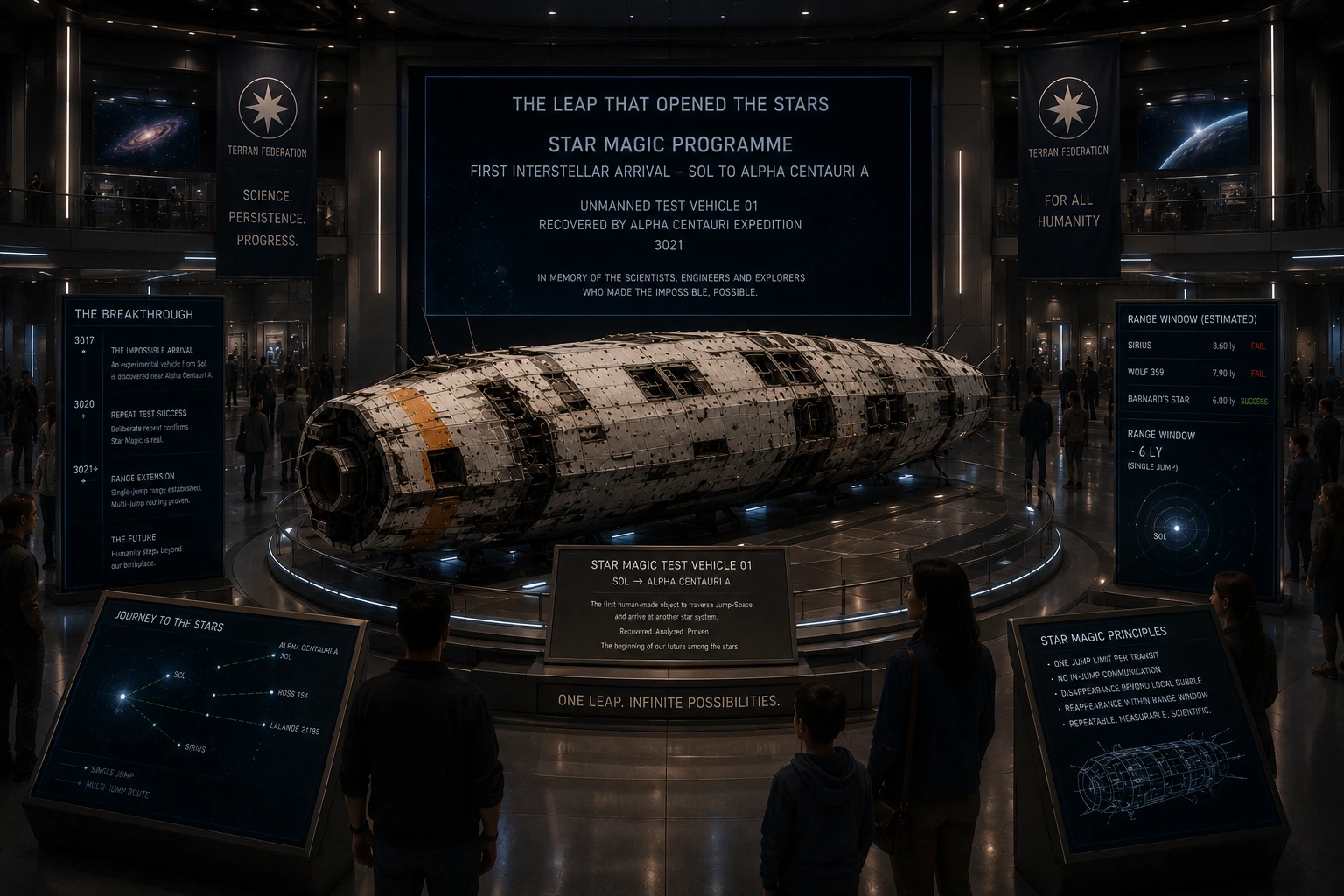 The original Star Magic test craft preserved in a Terran Federation museum exhibit commemorating humanity's first interstellar arrival.